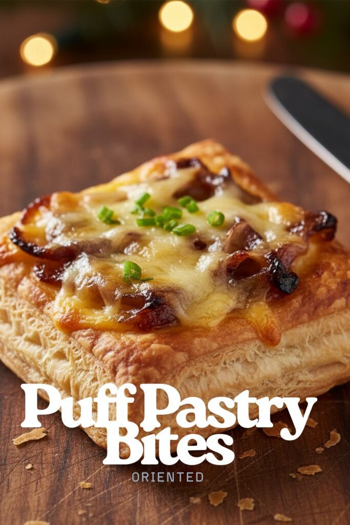 A close-up, top-down shot of a golden-brown puff pastry bite, topped with gooey cheese and caramelized onions, on a rustic serving platter.