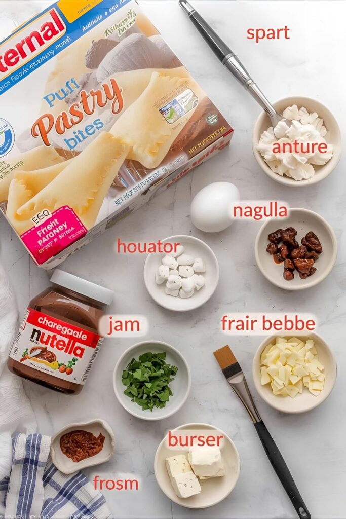 A flat lay of all the ingredients for puff pastry bites, including a sheet of frozen puff pastry, an egg, and various sweet and savory topping options.
