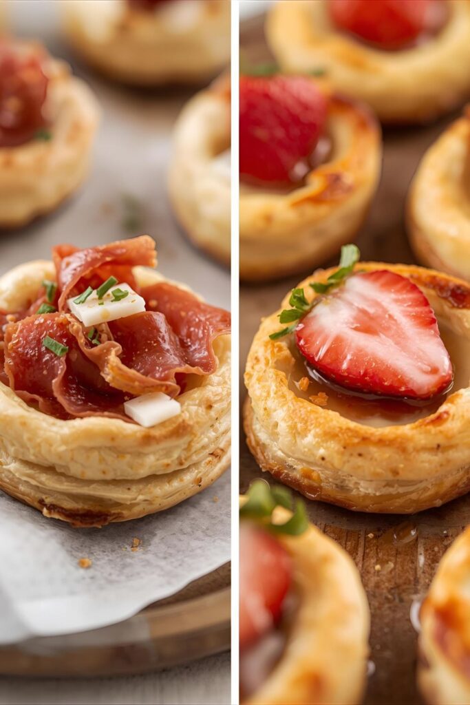 A side-by-side photo showing a savory puff pastry bite with cheese and prosciutto next to a sweet one with sliced strawberries and a glaze.