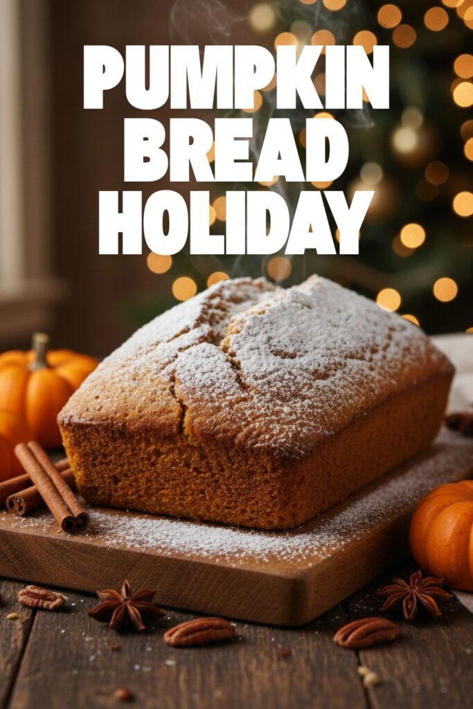 A beautiful top-down shot of a freshly baked loaf of pumpkin bread on a rustic wooden board, with the words "Pumpkin Bread Holiday" in a clean, elegant font overlaid.