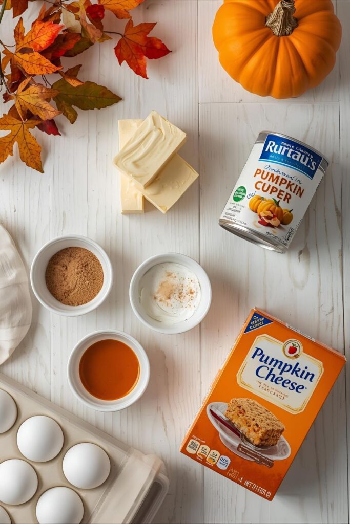 Ingredients for pumpkin cheesecake laid out on a light wooden surface: canned pumpkin, cream cheese, spices, and graham crackers.