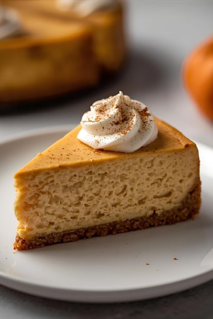 A close-up shot of a single slice of pumpkin cheesecake on a plate, showing the creamy filling and crunchy crust, topped with whipped cream.