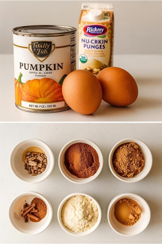 A collage of the key ingredients for the pumpkin pie recipe, including pumpkin puree, eggs, cream, and spices.