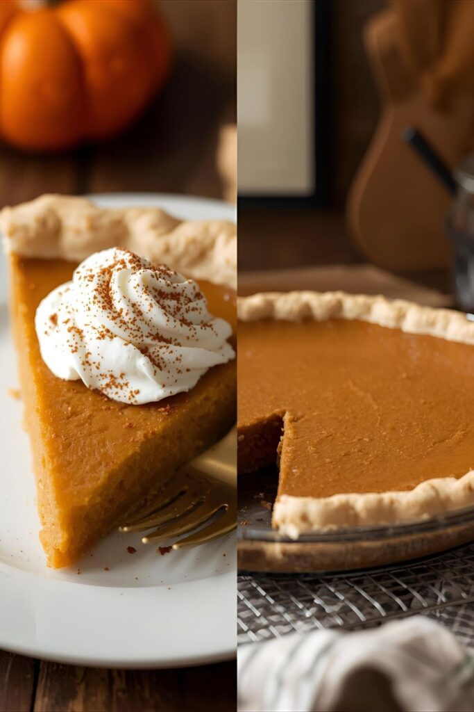 A side-by-side image showing a single slice of pumpkin pie on a plate with whipped cream and a full view of the whole baked pie on a cooling rack.