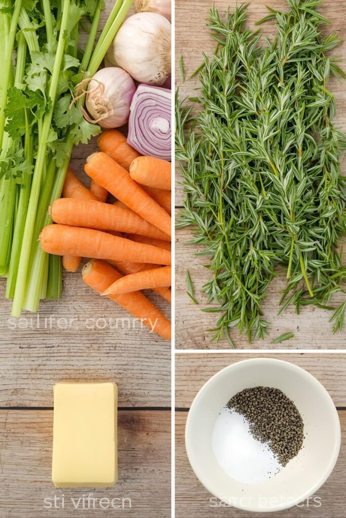 A collage of the key ingredients for the classic roast turkey recipe, including vegetables, herbs, and butter.