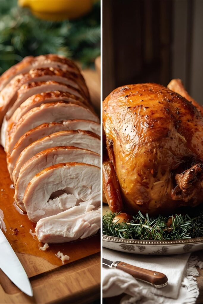 A side-by-side image showing a close-up of a juicy slice of roast turkey and a full shot of the roasted turkey being presented at a holiday table.