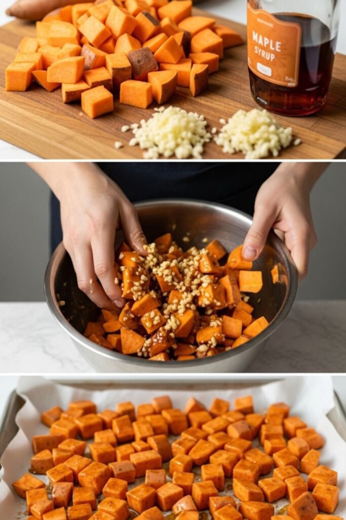 A collage showing the ingredients and steps for making roasted sweet potatoes, including raw sweet potatoes, seasonings, and the prepared baking sheet.