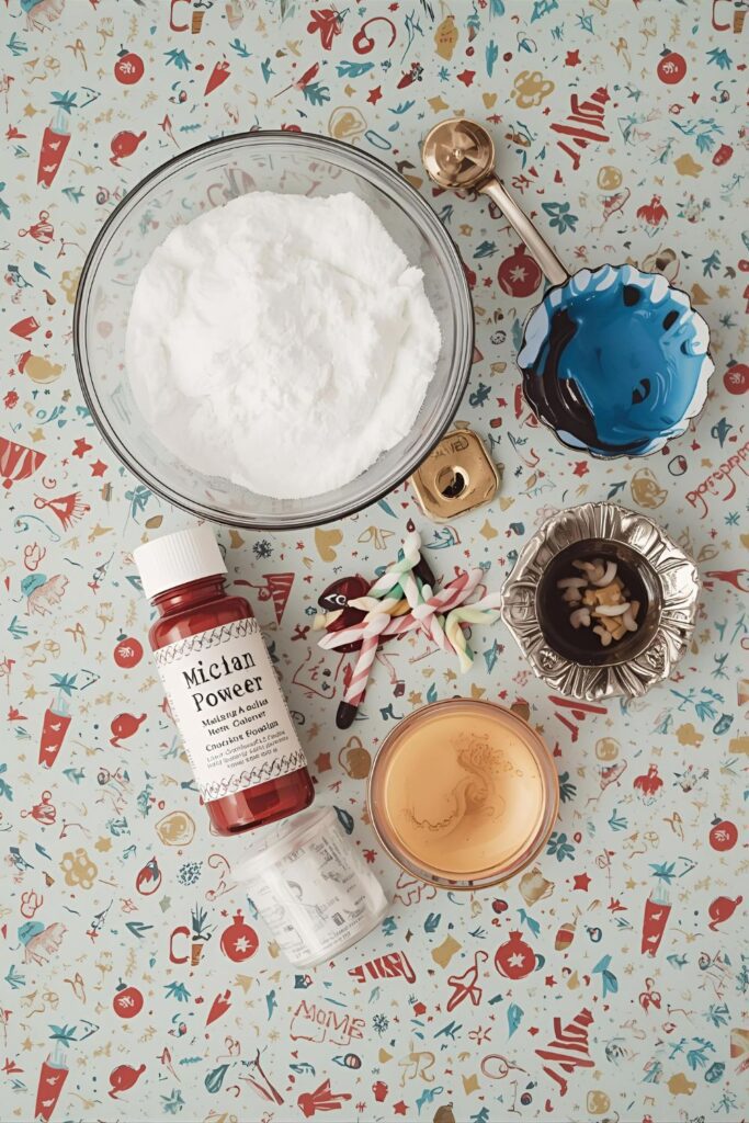 A flat-lay photo collage of the ingredients for a royal icing recipe.)