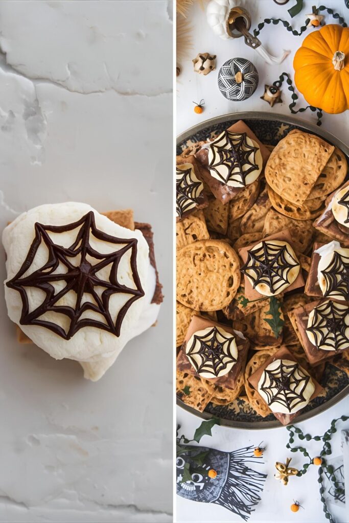  A two-part image showing a close-up of a spider web s&rsquo;more and a full platter of the finished dessert.)