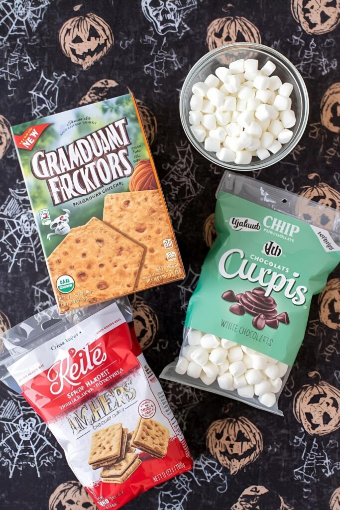 A flat-lay photo collage of the ingredients for a spider web s&rsquo;mores recipe.)