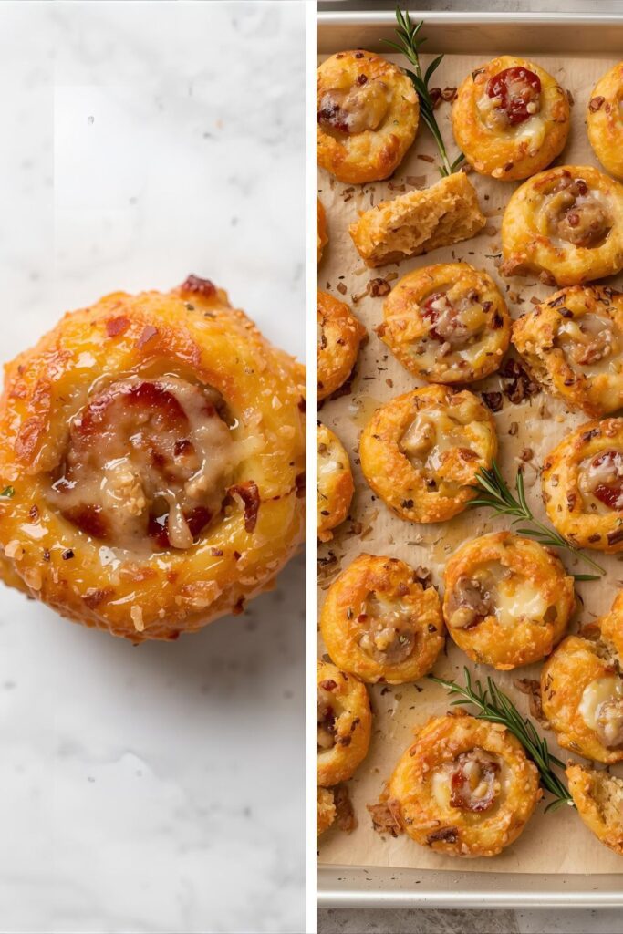 A two-part image showing a close-up of a single sausage and cheese bite and a full platter of the finished appetizers.)