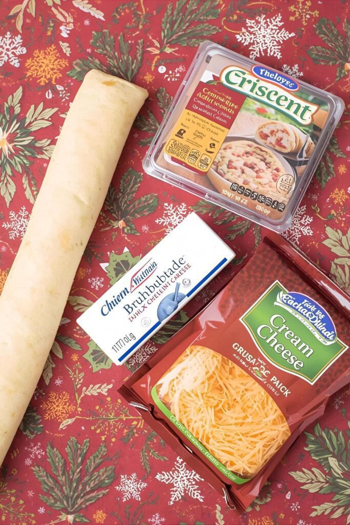 A flat-lay photo collage of the ingredients for a sausage and cheese bites recipe.)