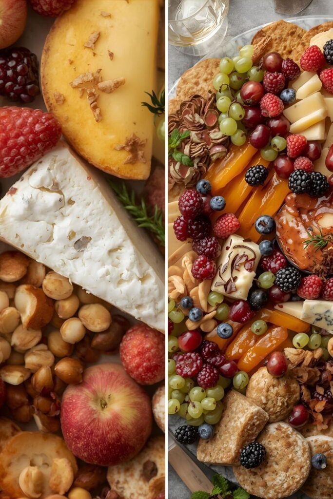 A two-part image showing a close-up of a holiday snack platter and a full view of the finished board.)