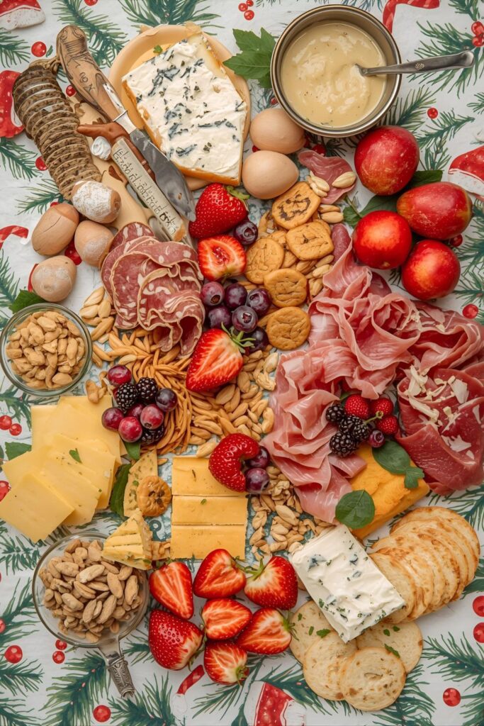 A flat-lay photo collage of the ingredients for a holiday snack platter.)