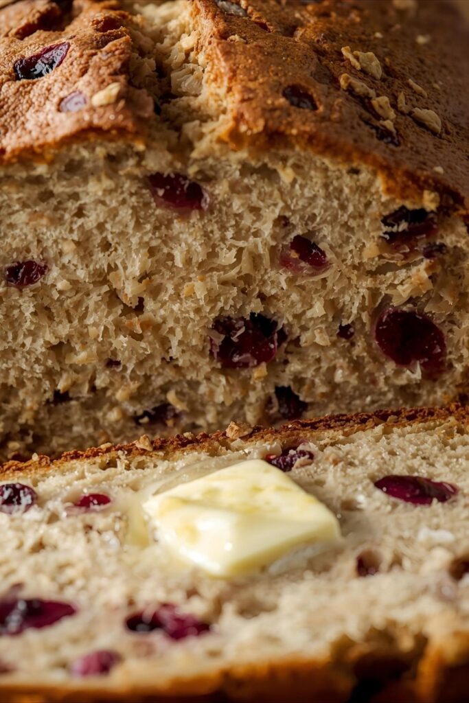 A close-up shot of a thick slice of baked sourdough holiday bread, showing the open, airy crumb and the distribution of cranberries and nuts, with a knife and butter nearby.