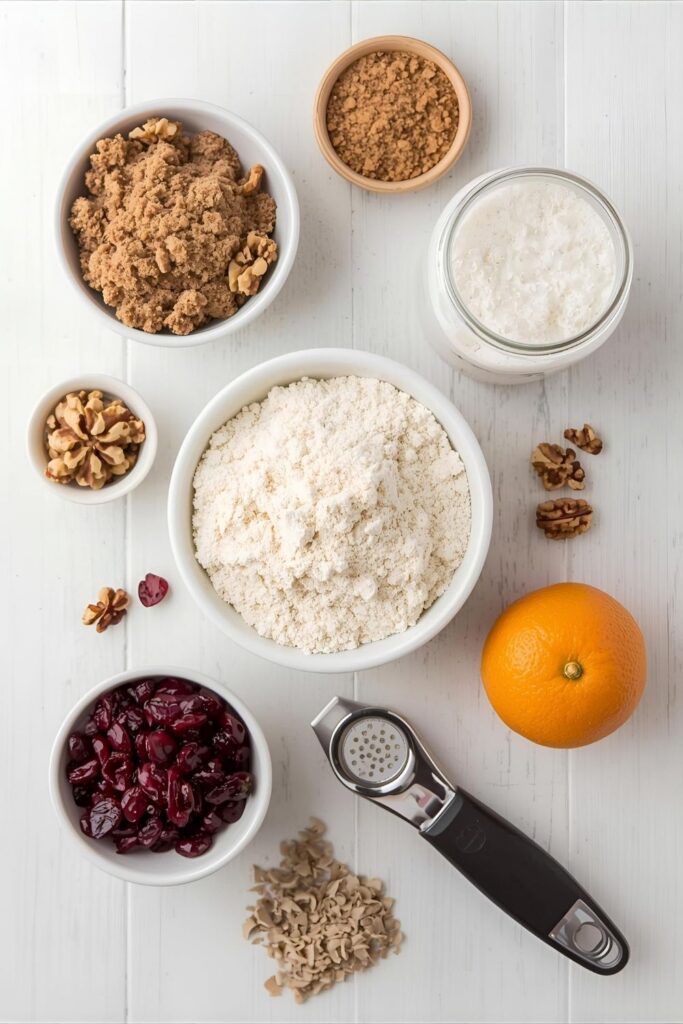 A flat lay of the main sourdough holiday bread ingredients: a jar of active sourdough starter, bread flour, brown sugar, whole walnuts, dried cranberries, and fresh orange zest, arranged on a kitchen counter.