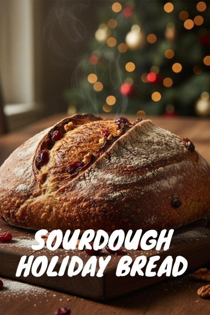 A close-up, rustic shot of a beautifully scored sourdough loaf with visible cranberries and nuts, with the words "Sourdough Holiday Bread" in a bold, elegant font overlaid.