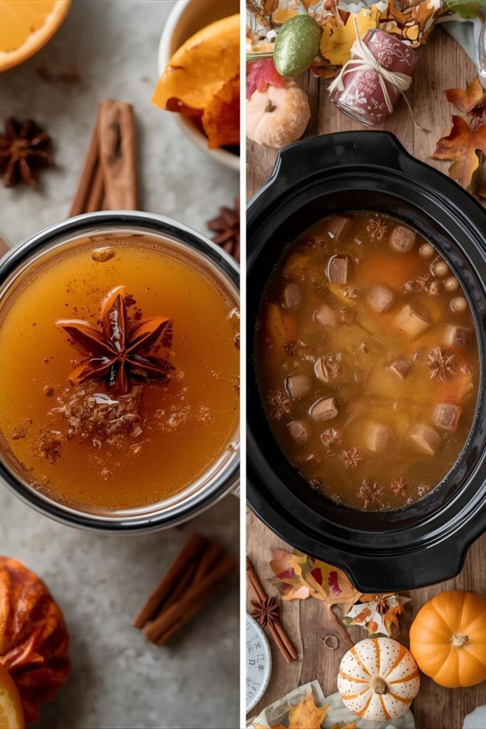 A two-part image showing a close-up of a mug of spiced cider and a full slow cooker of the finished drink.)
