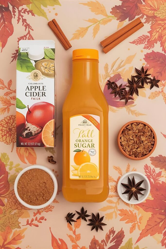 A flat-lay photo collage of the ingredients for a spiced apple cider punch.)