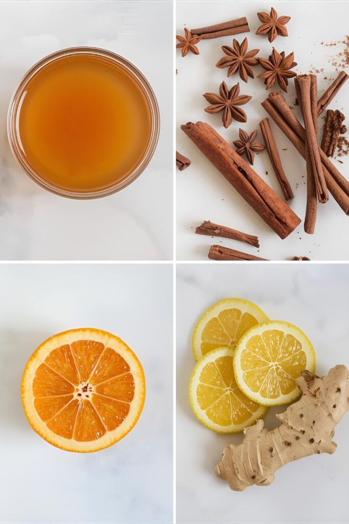A collage of the key ingredients for spiced apple cider, including cider, oranges, and whole spices.