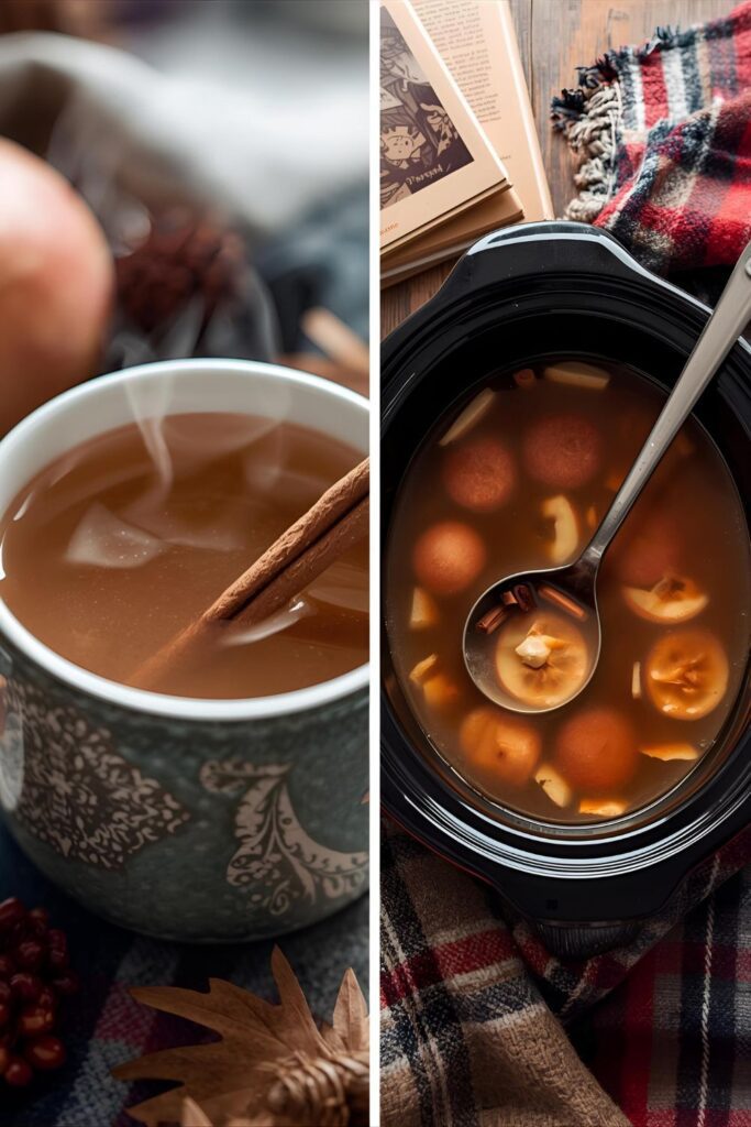 A side-by-side image showing a single mug of spiced apple cider and a large pot of the drink ready to serve.