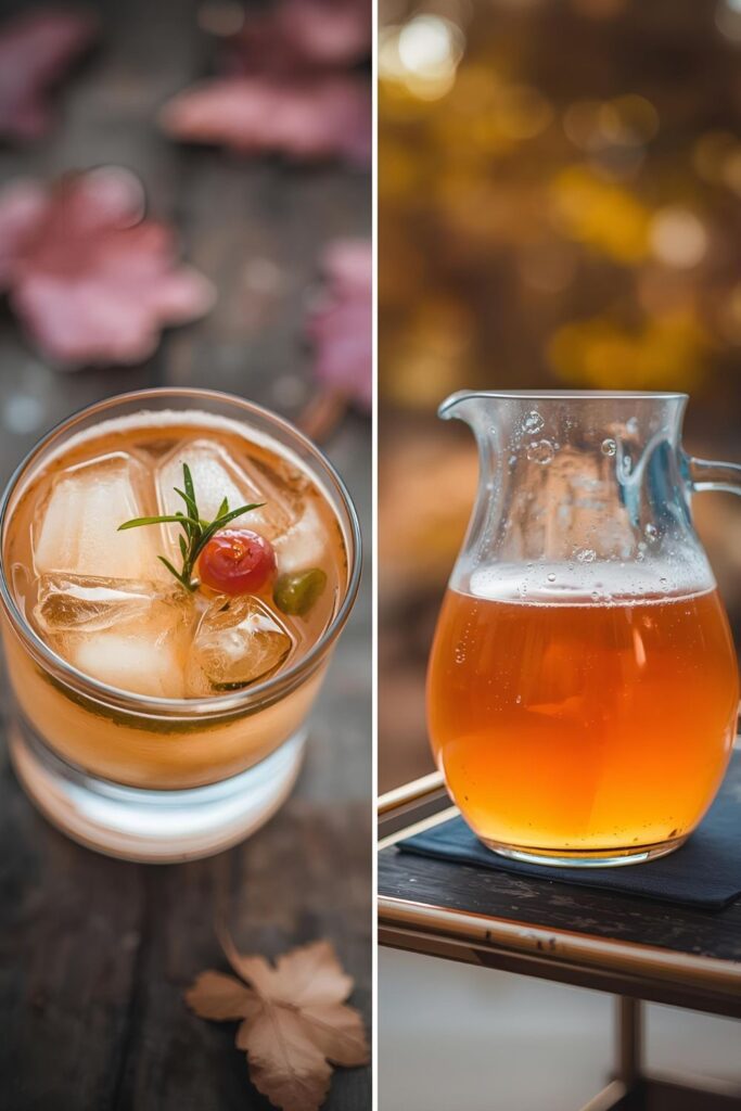 A two-part image showing a close-up of a single cocktail and a full pitcher of the pre-mixed drink.)