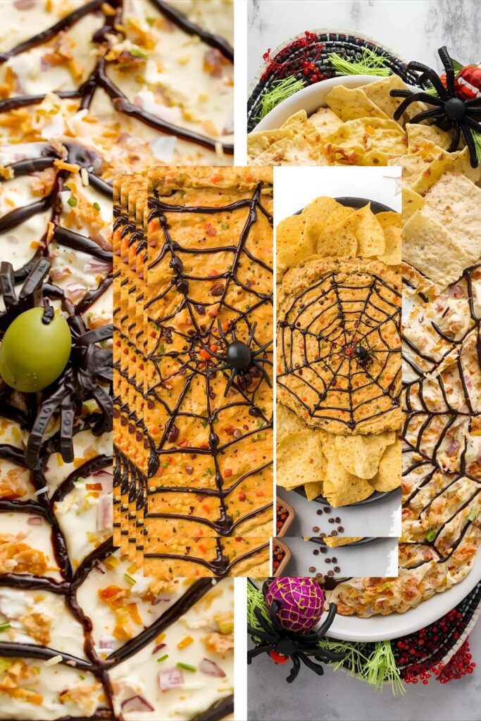 A two-part image showing a close-up of a "Spider Web" dip and a full platter of the finished appetizer.)