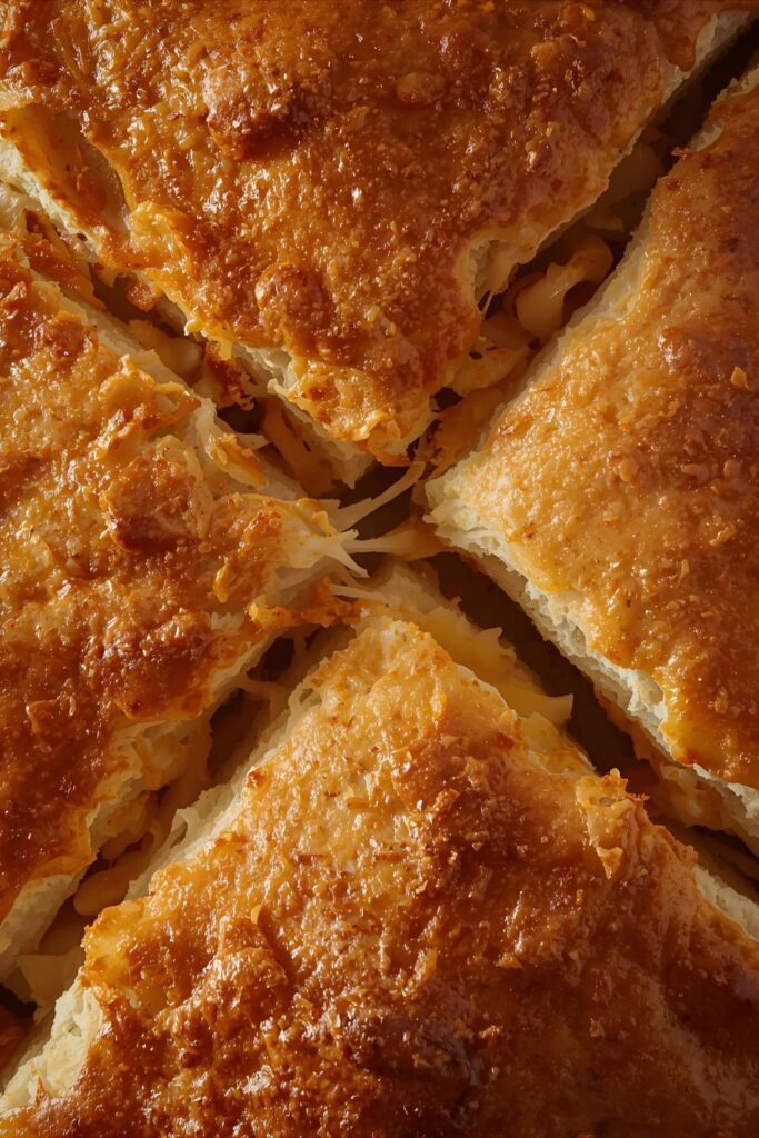 A close-up, top-down shot of a large baked stuffed bread, sliced into wedges, with the melted, gooey cheese and fillings visible.