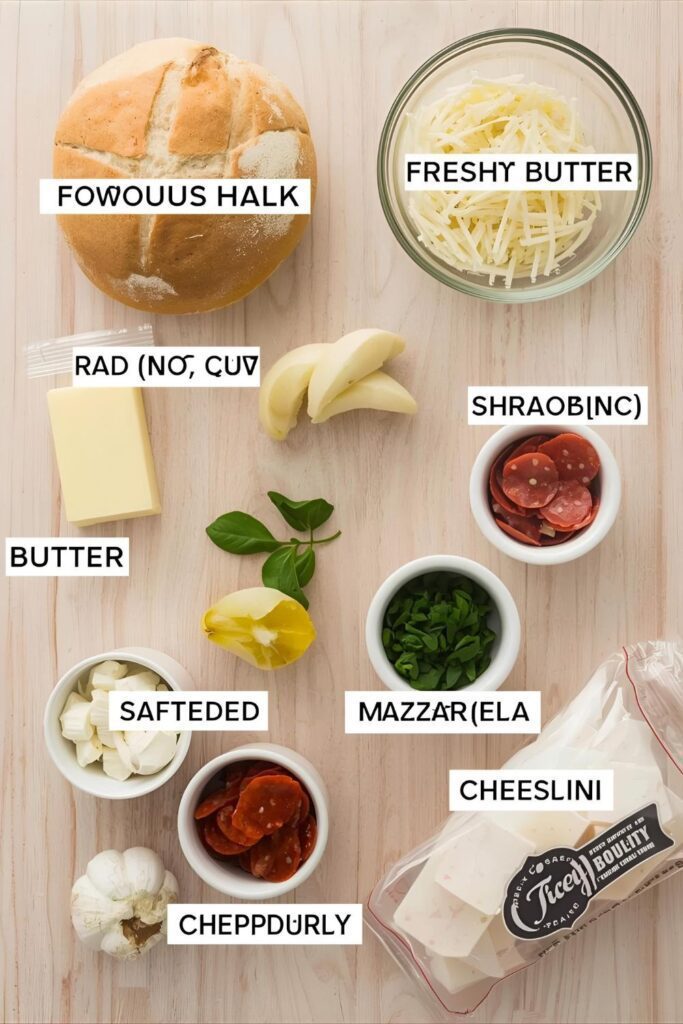A vibrant flat lay of the main ingredients for stuffed bread: a round loaf of bread, softened butter, garlic, shredded mozzarella cheese, and various optional fillings like pepperoni, arranged on a kitchen counter.