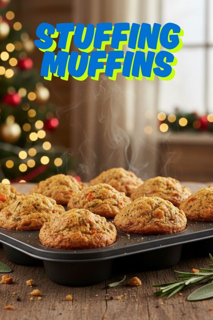 A close-up shot of a muffin tin filled with golden-brown stuffing muffins, with the words "Stuffing Muffins" in a clean, modern font overlaid on a rustic holiday background