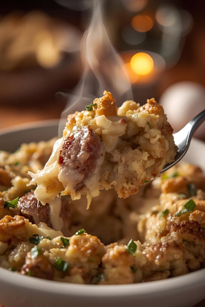 "Close-up of a serving of fluffy, golden-brown stuffing on a white plate, showing crispy top, moist interior, herbs, and sausage. Blurred holiday table setting in background."