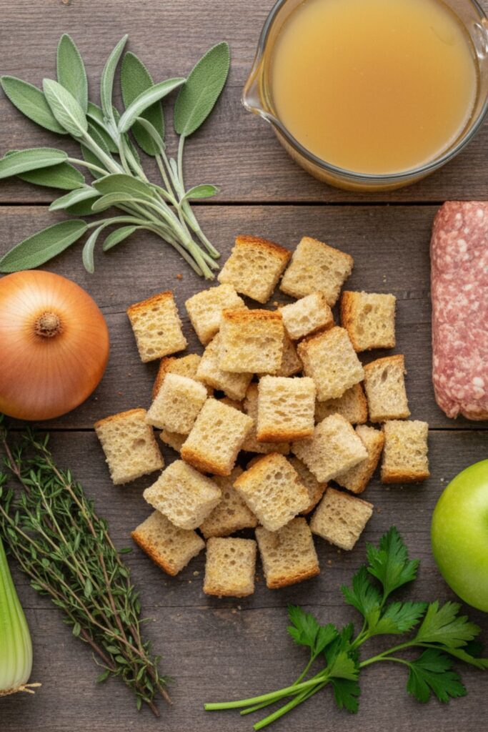 "Overhead collage of fresh stuffing ingredients on a wooden table: day-old bread cubes, fresh sage, thyme, parsley, chopped onion, celery, uncooked sage sausage, a green apple, and chicken broth."