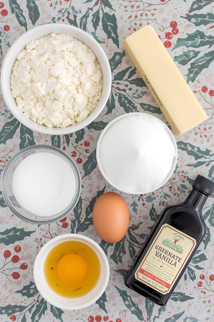 A flat-lay photo collage of the ingredients for a sugar cookie recipe.)