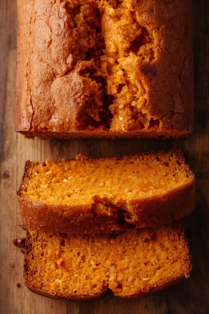 A close-up, top-down shot of a freshly baked loaf of sweet potato bread, sliced to show the moist interior and a few chopped nuts, on a rustic serving platter.