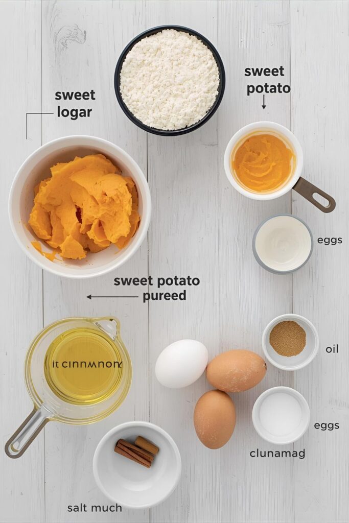 A vibrant flat lay of the main ingredients for sweet potato bread: flour, sugar, sweet potato puree, eggs, oil, and spices, arranged on a kitchen counter.