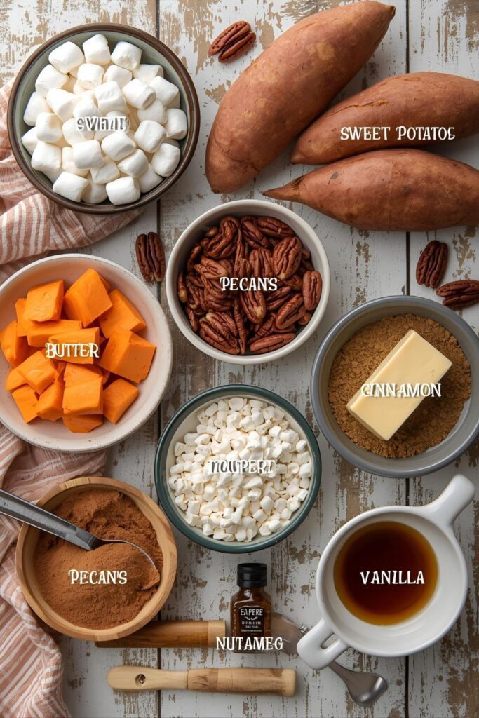 A flat lay collage of all the ingredients for a sweet potato casserole, including sweet potatoes, marshmallows, butter, brown sugar, and spices, on a rustic wooden table.