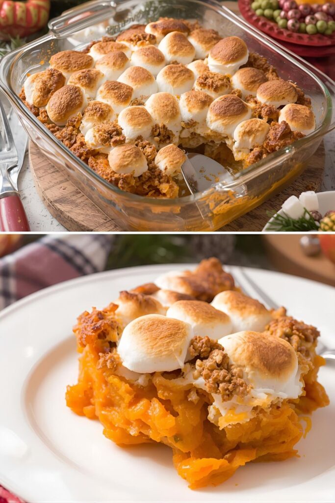 Two different views of a finished sweet potato casserole, one showing the entire dish and another a close-up scoop, highlighting the creamy texture and perfect topping.