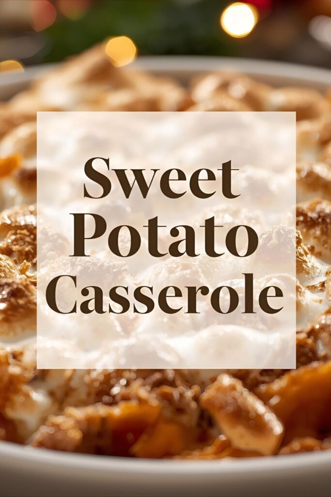 A mouthwatering photo of a finished sweet potato casserole with a golden-brown marshmallow topping and a text overlay that says "Sweet potato casserole".