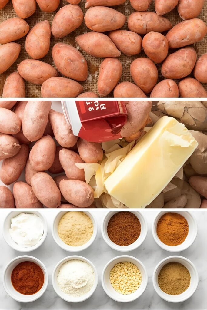 A collage of the key ingredients for the sweet potato pie recipe, including sweet potatoes, butter, cream, and spices.