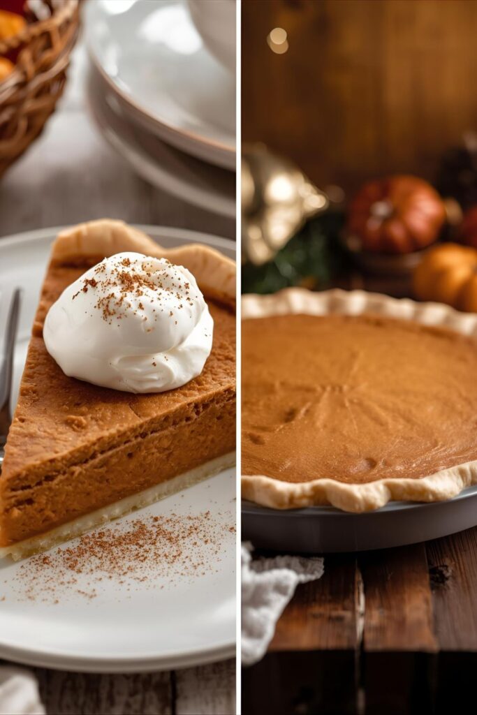 A side-by-side image showing a single slice of sweet potato pie with whipped cream and a full view of the whole pie on a table.