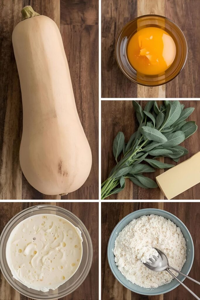 A collage of raw ingredients for Thanksgiving fritters, including butternut squash, egg, sage, and Parmesan cheese.