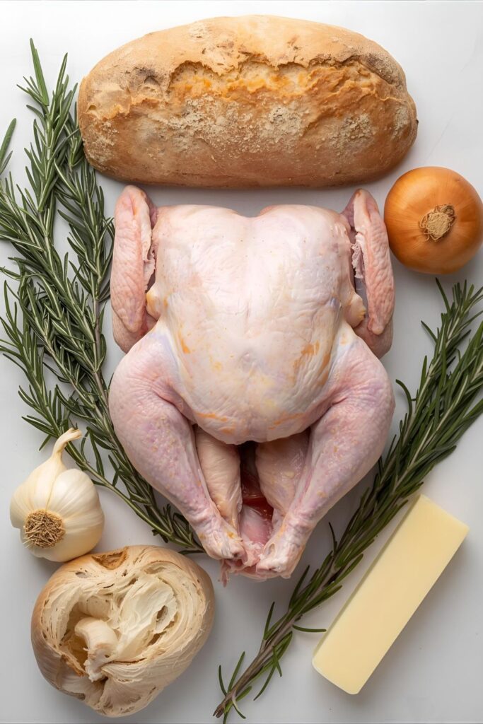 A collage of raw ingredients for a Thanksgiving meal, including turkey, bread, and fresh herbs.