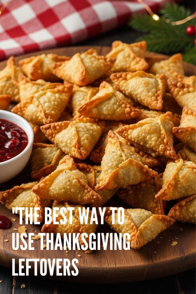 A recipe pin for Thanksgiving leftovers recipes showing a platter of crispy fried wontons with a dipping sauce.