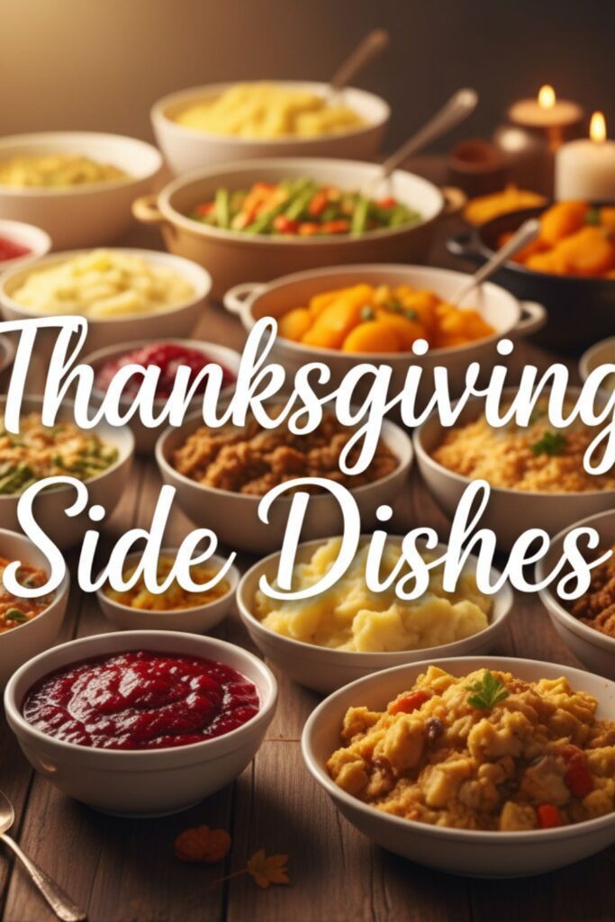 Text overlay "Thanksgiving Side Dishes" on a background of blurred, inviting holiday food.