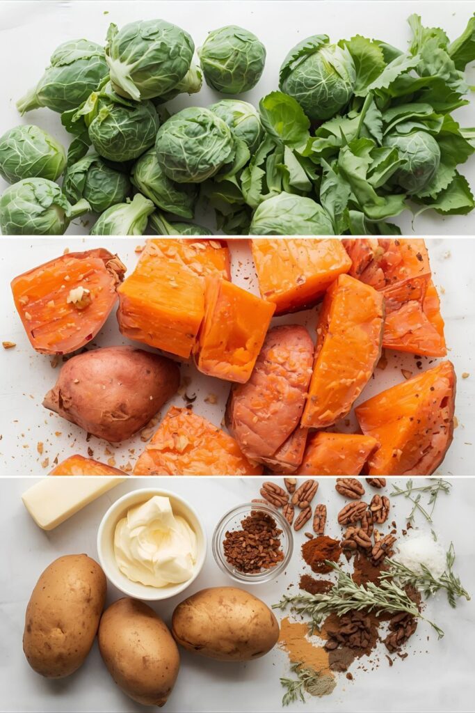 A collage of fresh ingredients including sweet potatoes, Brussels sprouts, Yukon Gold potatoes, butter, pecans, and herbs.