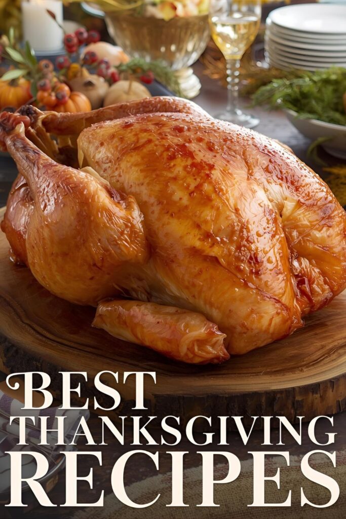 Text overlay "Traditional Thanksgiving Menu" on a background of a roasted turkey and side dishes.