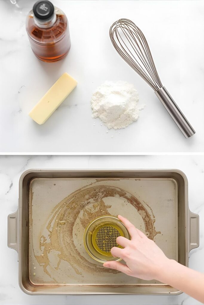  A collage of key ingredients and tools for the turkey gravy recipe, including broth, butter, flour, and a fat separator.