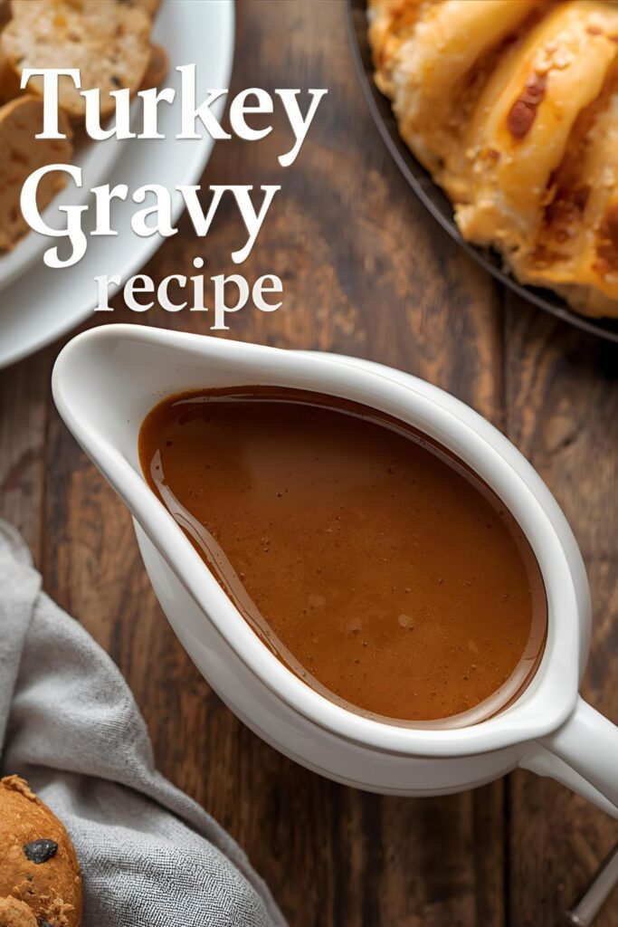 A close-up, overhead photo of a gravy boat filled with homemade turkey gravy with a text overlay of the recipe name.