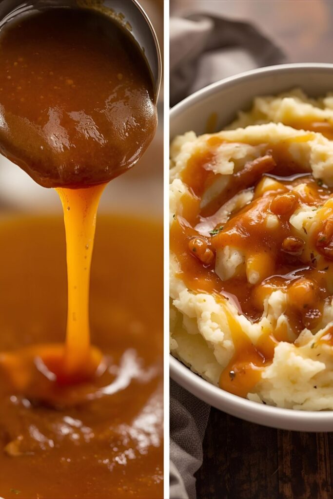 A side-by-side image showing a close-up of turkey gravy being poured from a ladle and a wider shot of the gravy served on a pile of mashed potatoes.