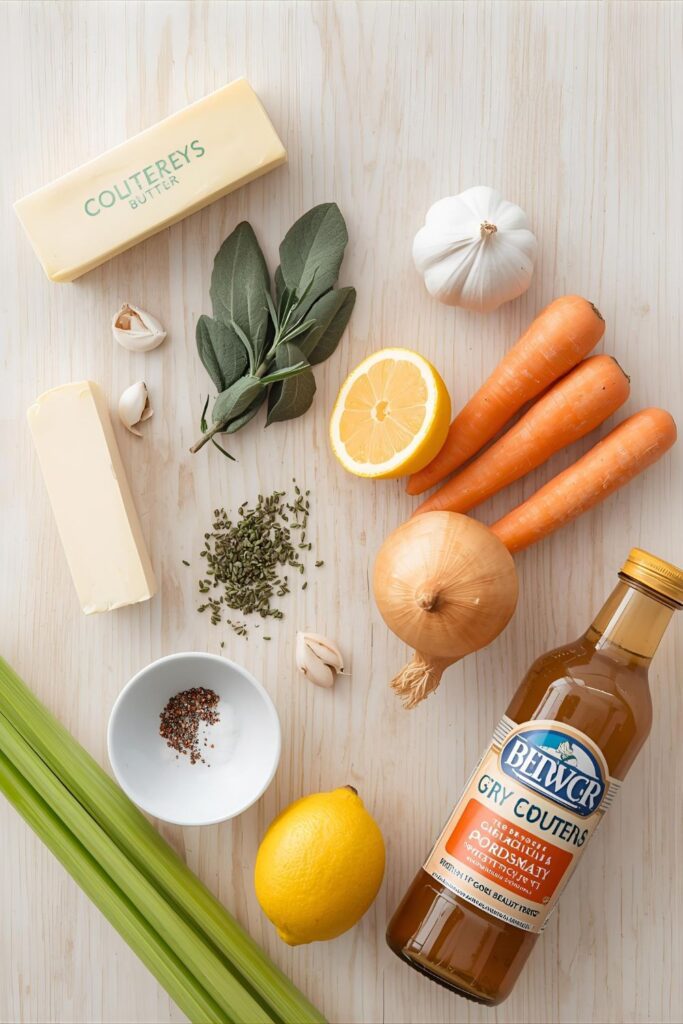 A collage of fresh ingredients for a Thanksgiving turkey recipe, including butter, herbs, vegetables, and seasonings, arranged on a rustic wooden table